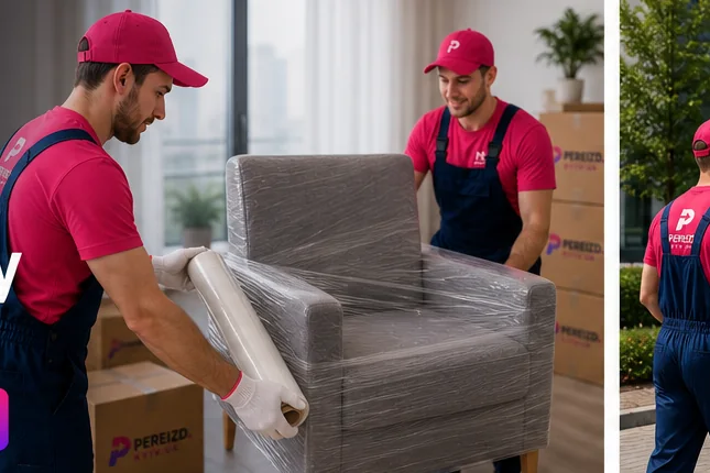 The pereizd.kyiv.ua team wraps the chair with protective film before loading