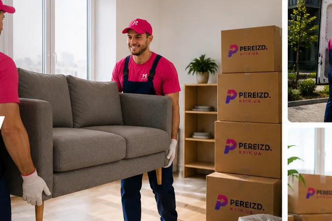 Two porters pereizd.kyiv.ua carefully move the sofa and prepare the apartment for departure