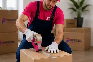 An employee of pereizd.kyiv.ua seals the box and prepares things for shipment