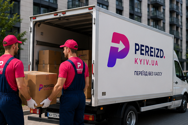Команда pereizd.kyiv.ua загружает коробки в грузовое авто возле дома в Киеве